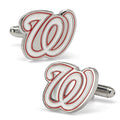 Washington Nationals silver plated team logo cufflinks worn on a white dress shirt cuff.