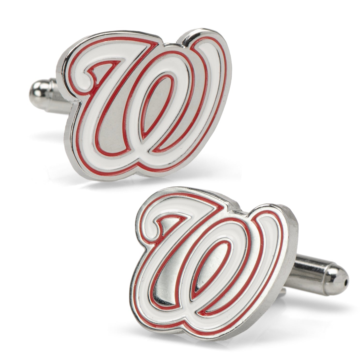 Washington Nationals silver plated team logo cufflinks worn on a white dress shirt cuff.