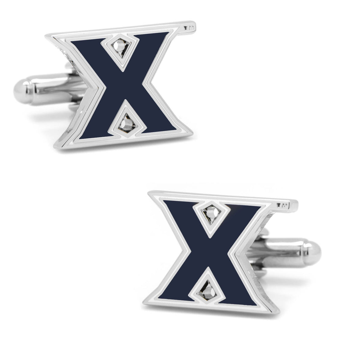 A pair of Xavier University Musketeers logo cufflinks in silver tone and navy enamel