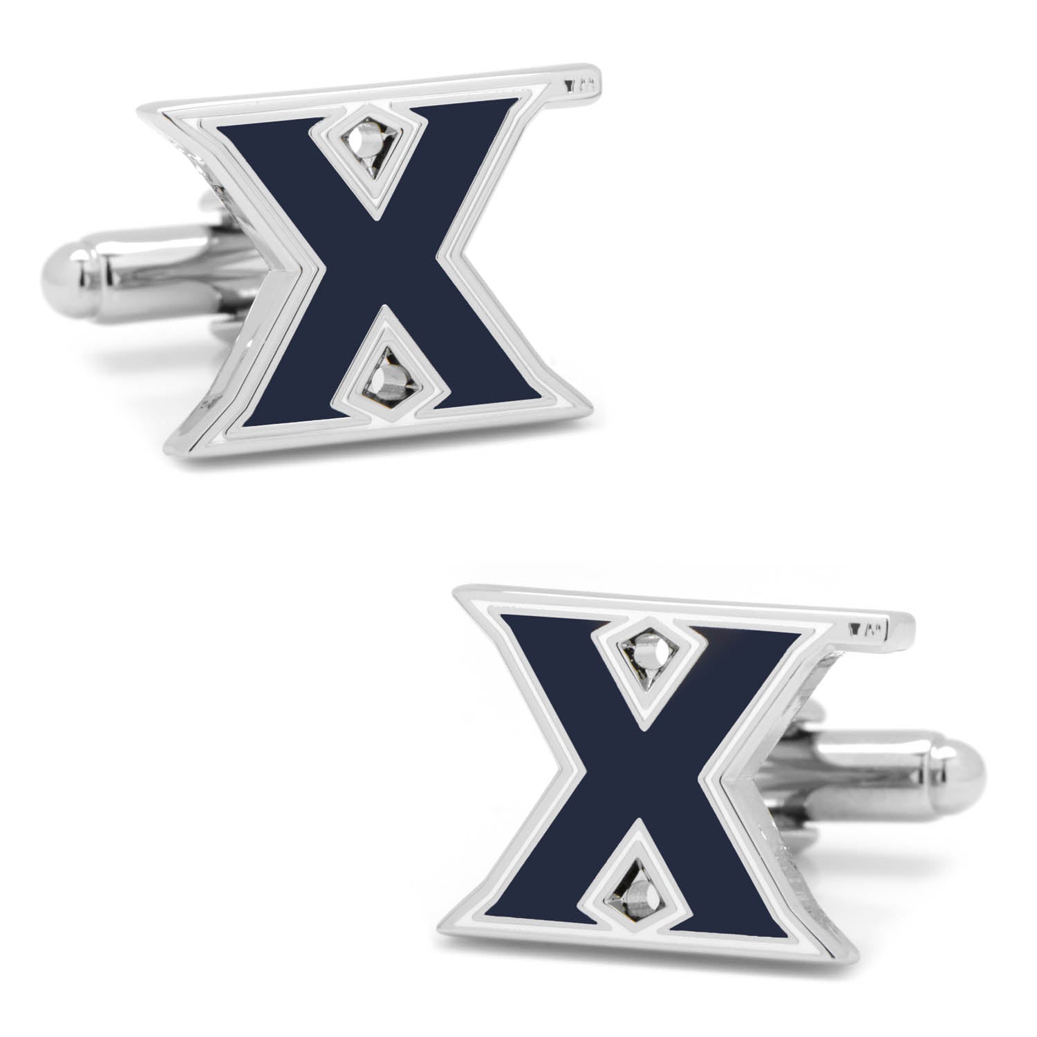 A pair of Xavier University Musketeers logo cufflinks in silver tone and navy enamel