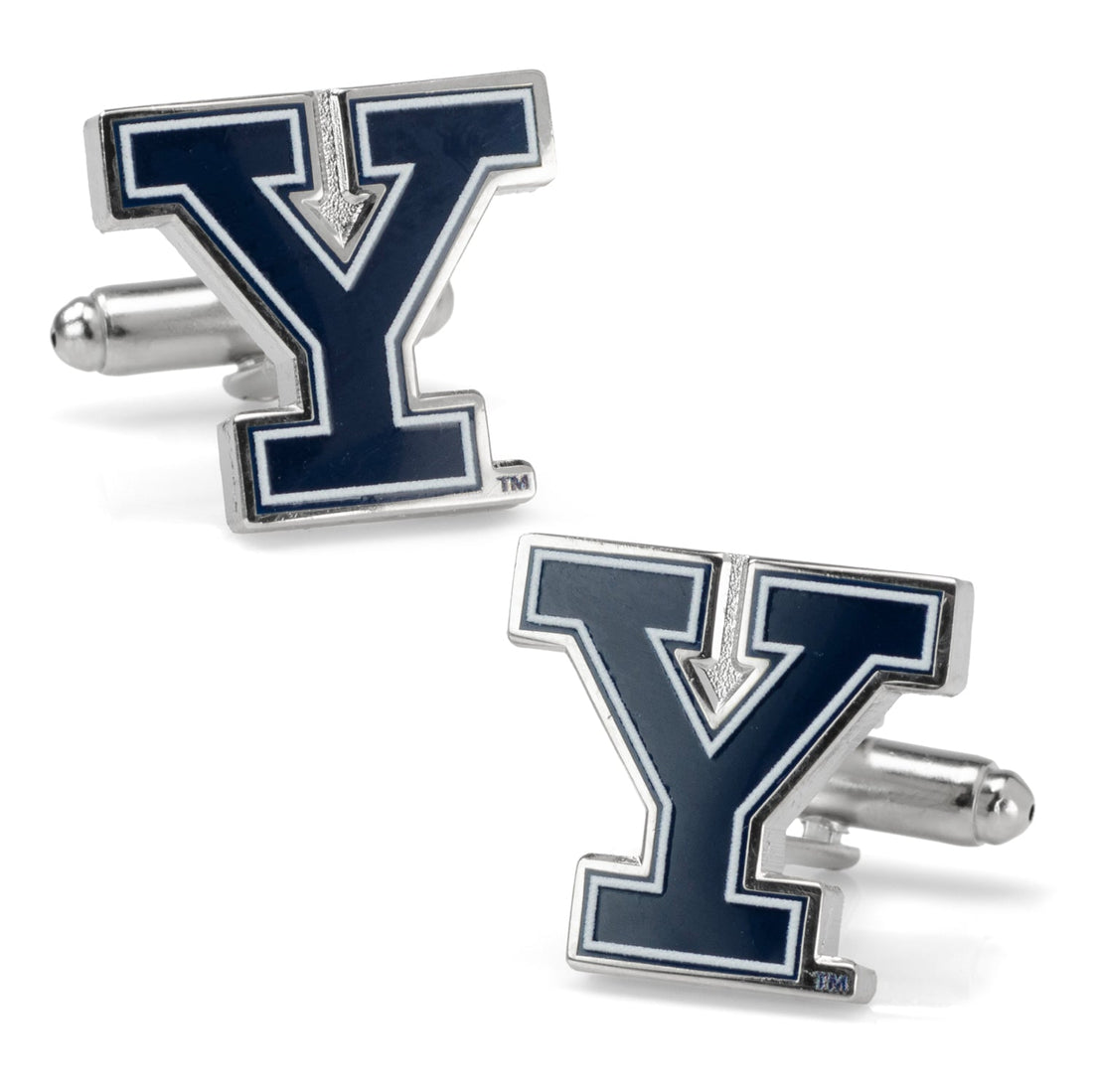 A pair of silver tone Yale University Bulldogs logo cufflinks with navy enamel details