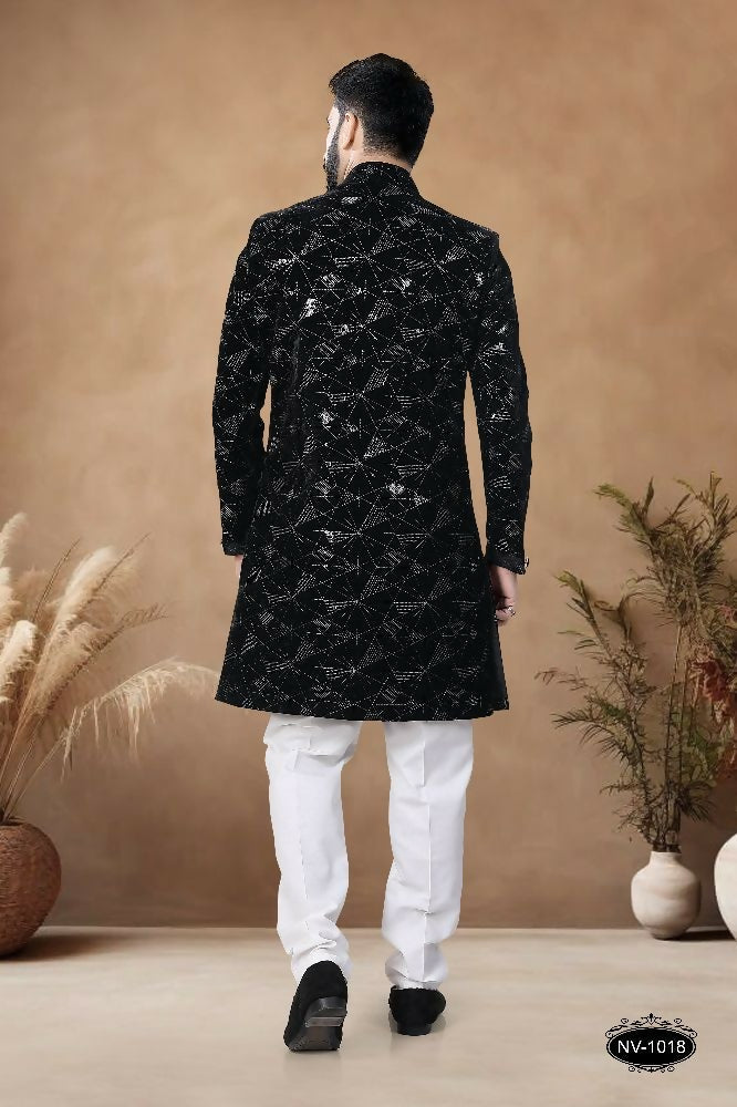 Men's Black Velvet Indo-Western Kurta with Thread & Sequence Work
