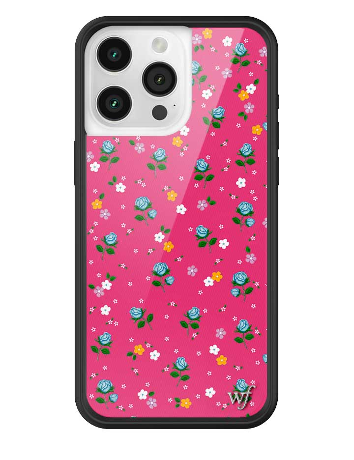Pink iPhone case with blue, orange, pink, and white floral pattern on a hot pink background with black protective bumper