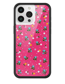 Pink iPhone case with blue, orange, pink, and white floral pattern on a hot pink background with black protective bumper