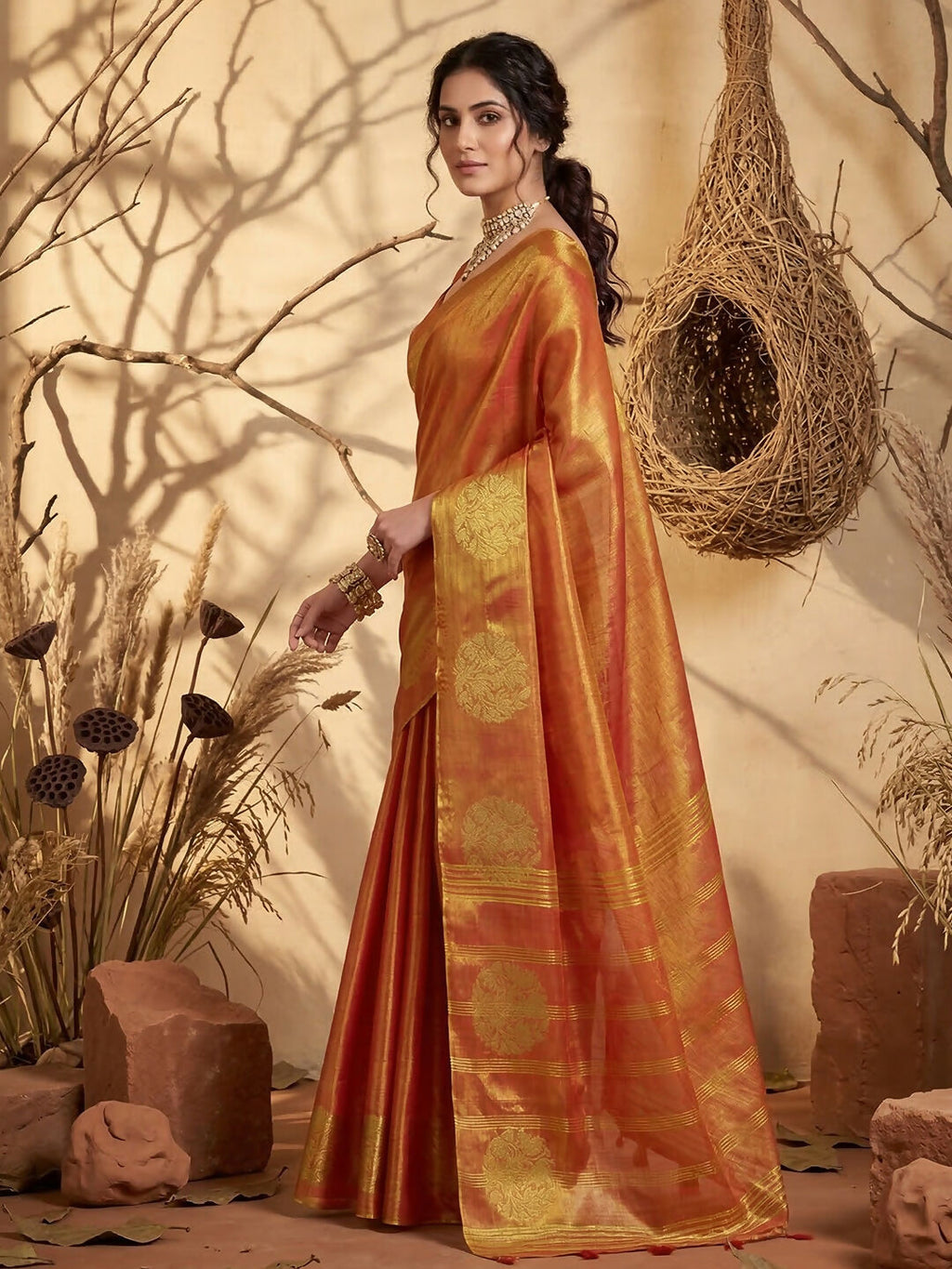 Rust Tissue Silk Saree with Coordinating Blouse