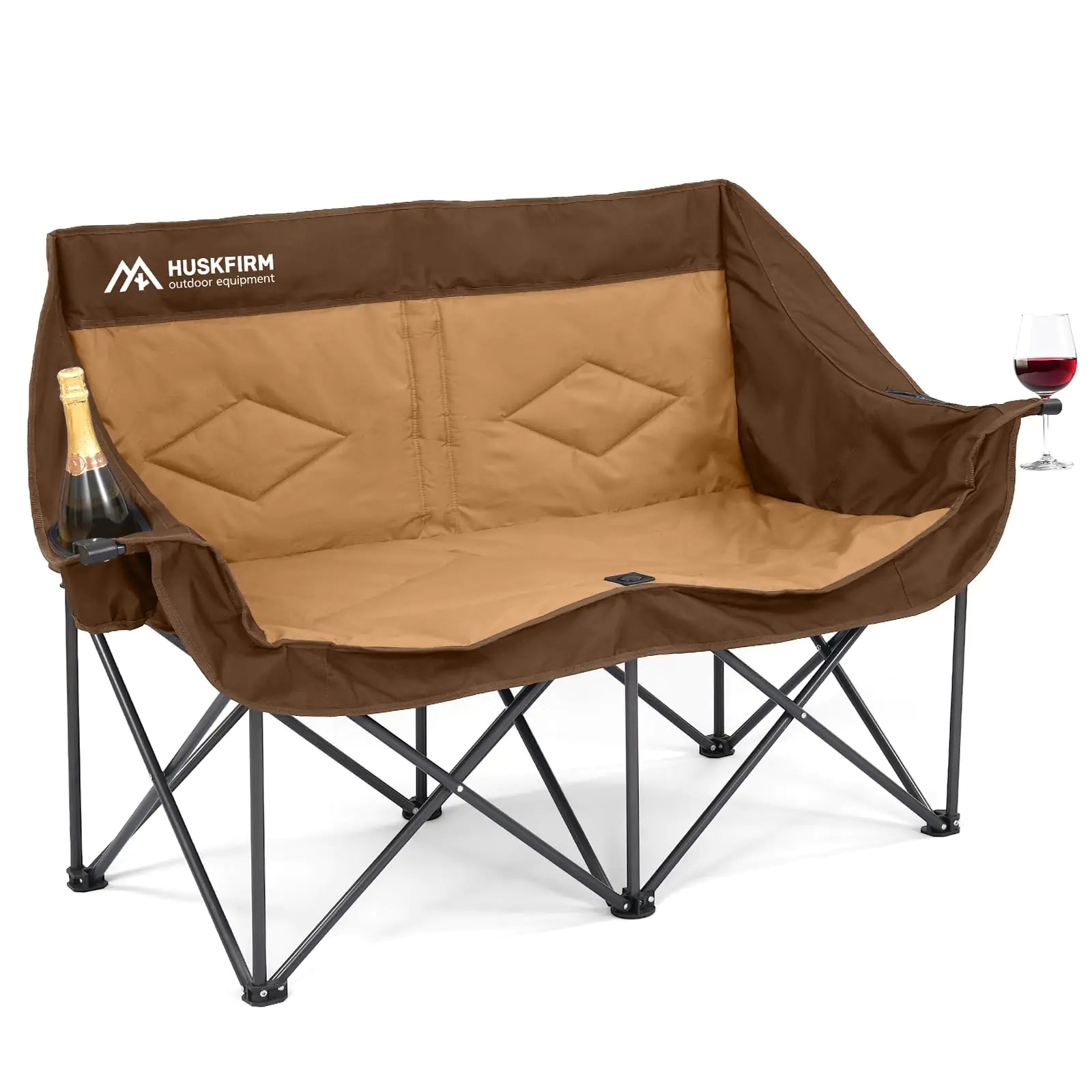 Double Camping Chairs for Adults Oversized Loveseat - 2 Person Camp Chair Heavy Duty Outdoor Camping Couch with Cup Holders - Portable Folding Chair for Outside Lawn Brown