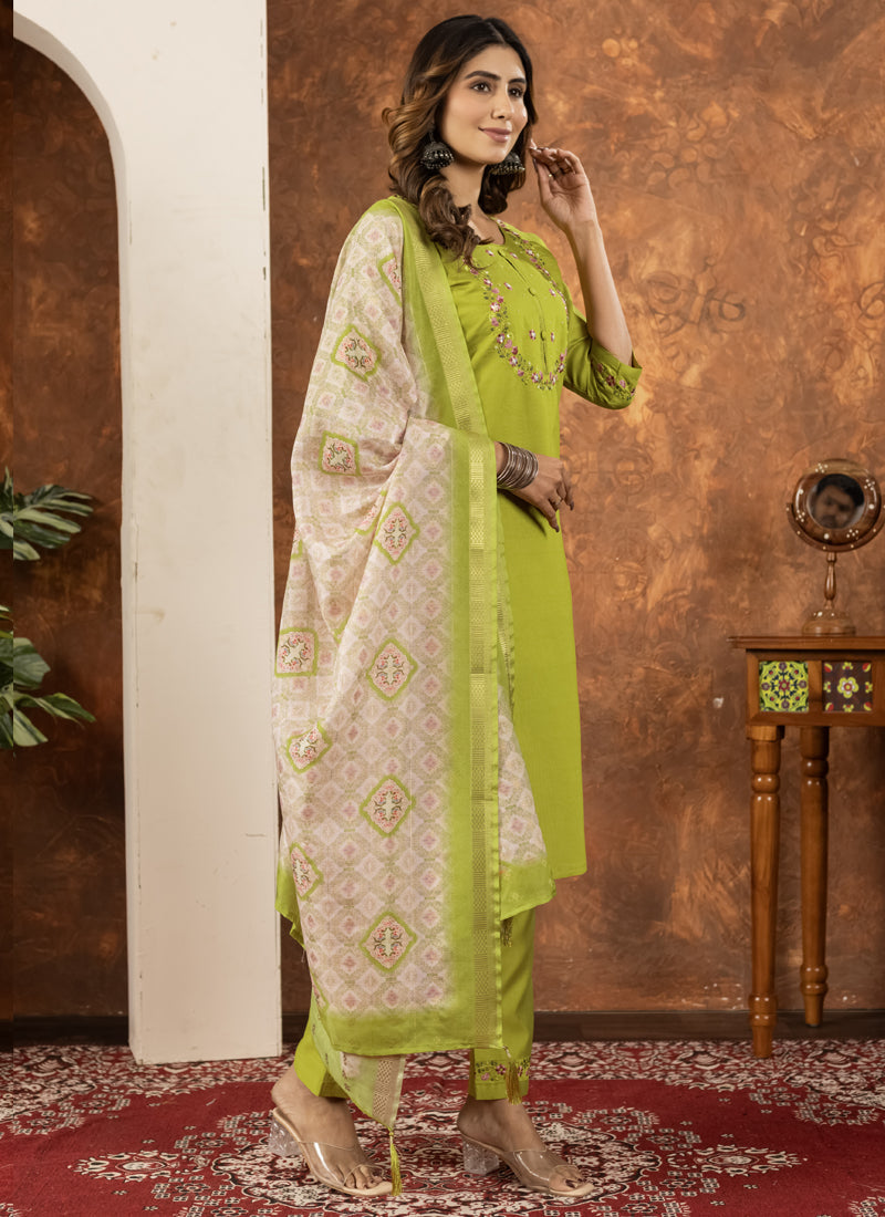 Parrot Green Marina Silk Kurta Set with Hand Embroidered Details