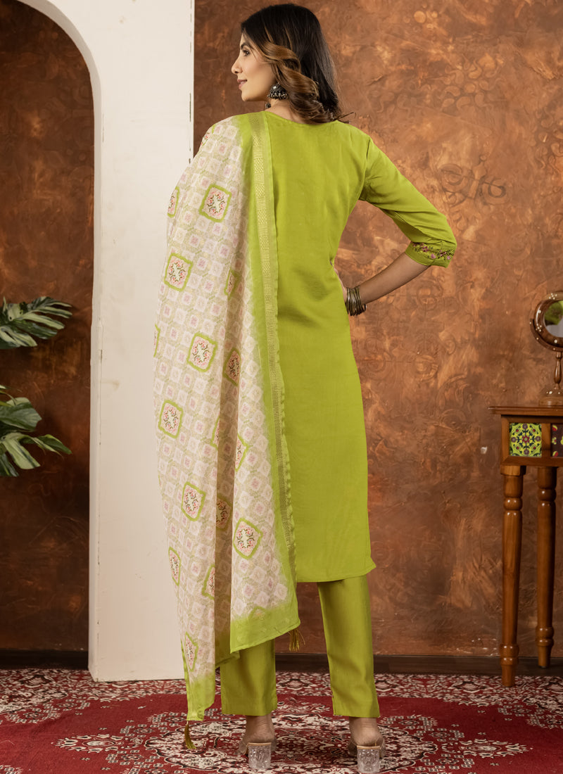 Parrot Green Marina Silk Kurta Set with Hand Embroidered Details