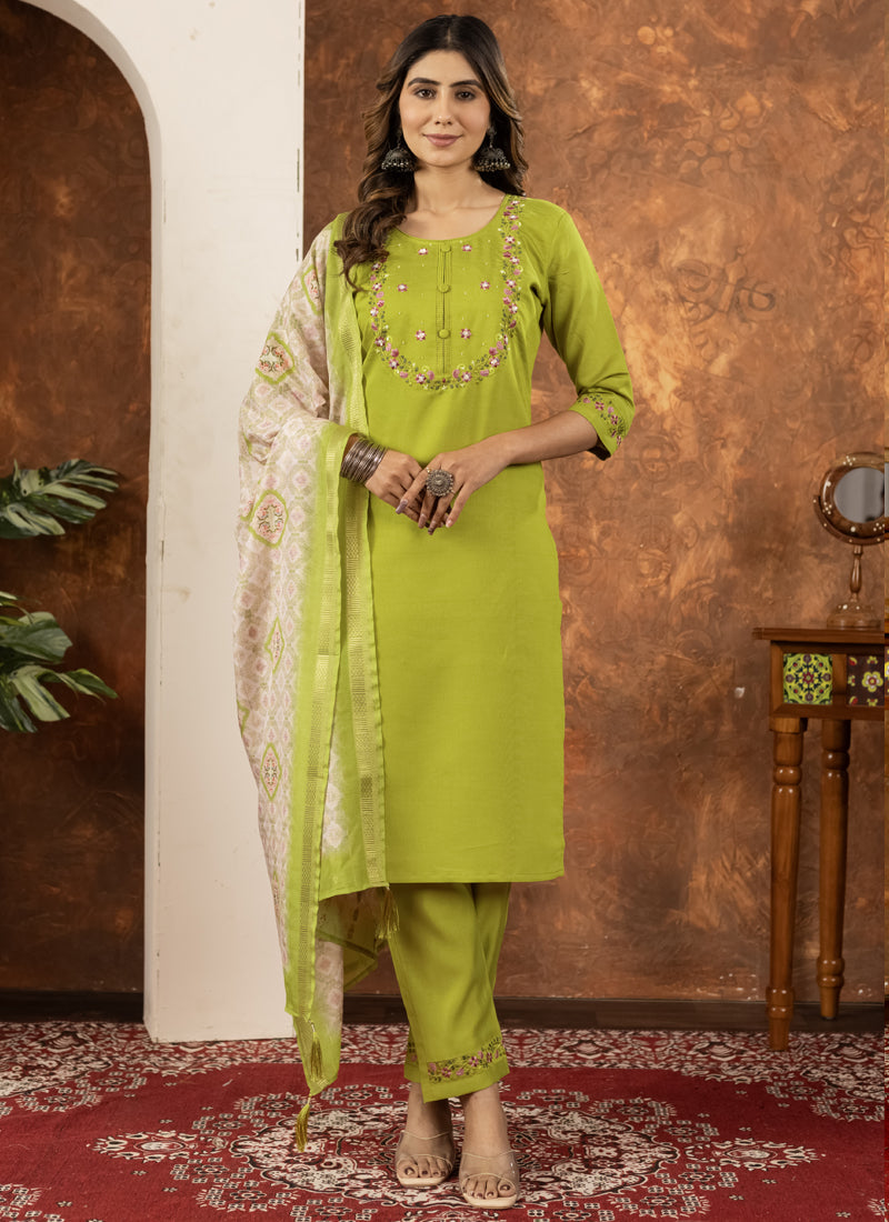 Parrot Green Marina Silk Kurta Set with Hand Embroidered Details