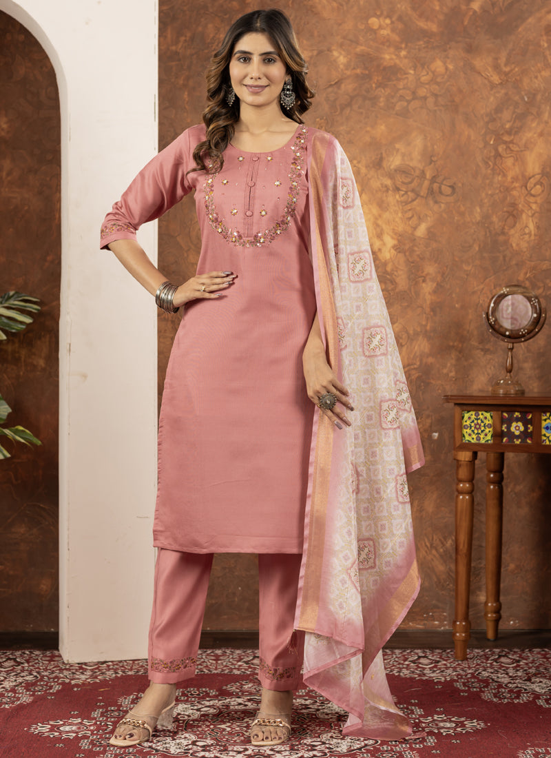 Prazu Fashion Peach Marina Silk Thread Embroidered Kurta Set