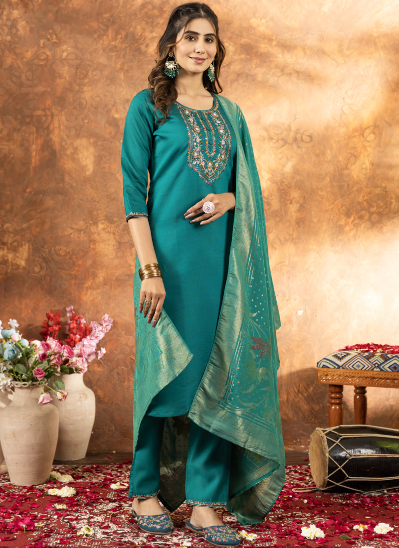 Rama Green Marina Silk Kurta Set with Detailed Thread Embroidery