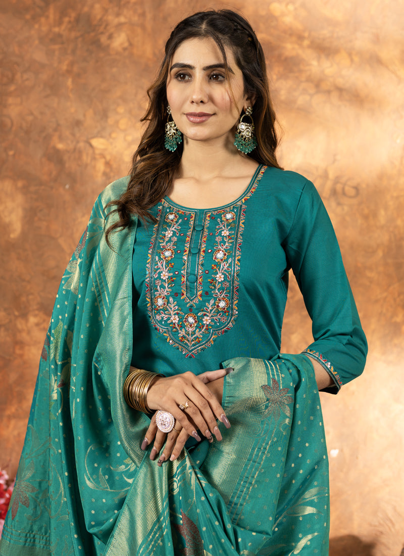 Rama Green Marina Silk Kurta Set with Detailed Thread Embroidery