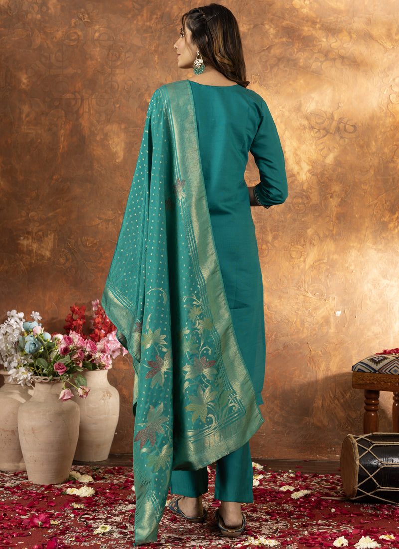 Rama Green Marina Silk Kurta Set with Detailed Thread Embroidery