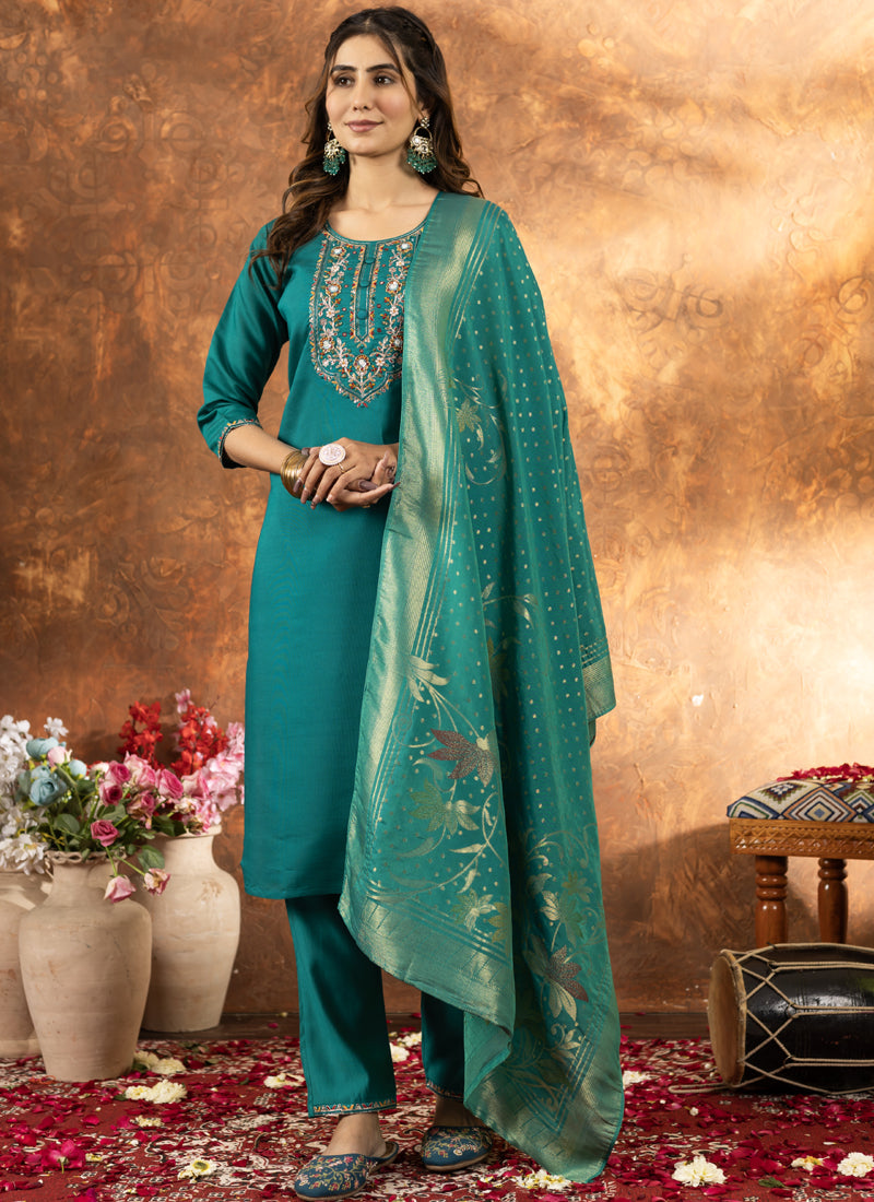 Rama Green Marina Silk kurta set with multi-colored embroidery and hand-work