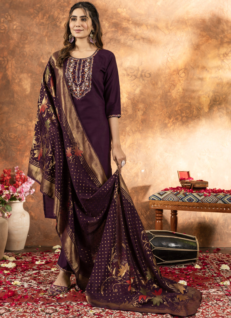 Prazu Fashion Wine Marina Silk Thread Embroidered Kurta Set