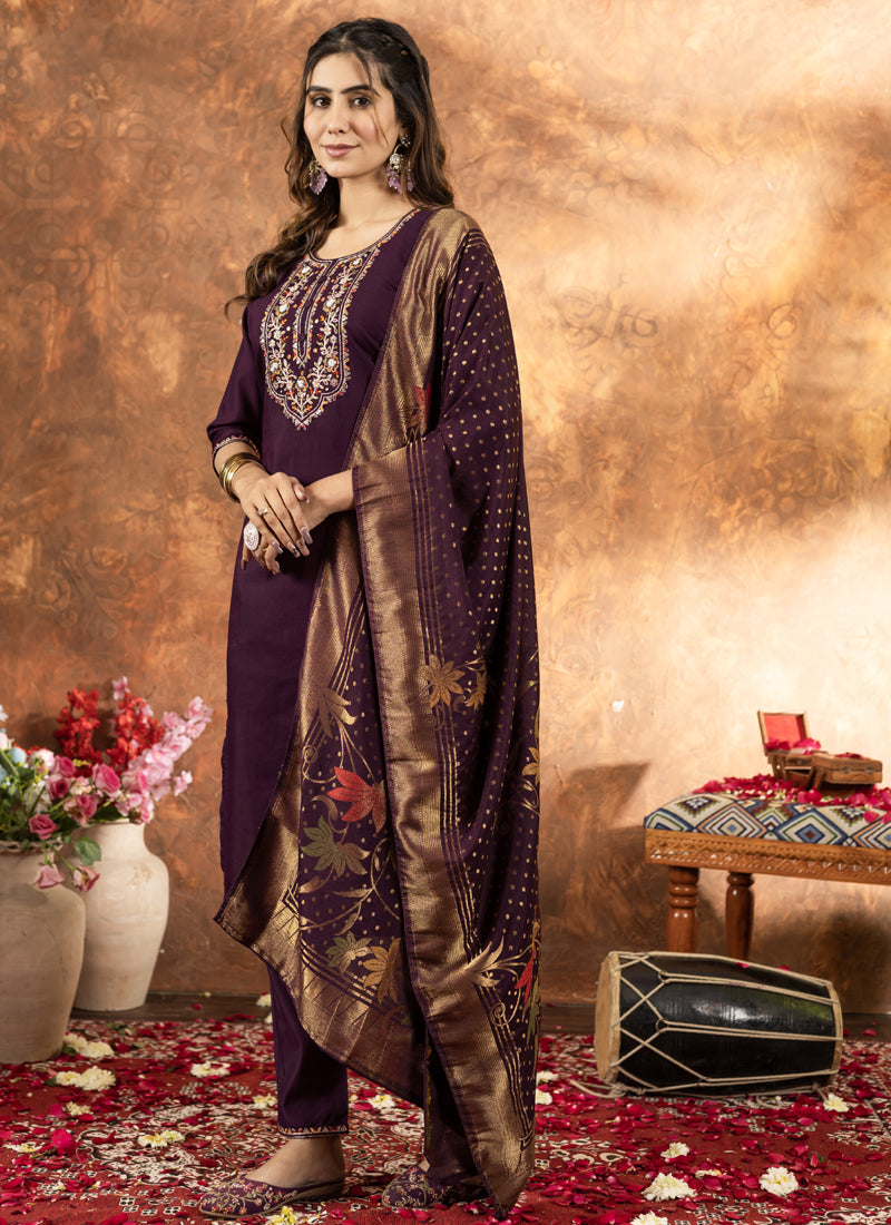 Prazu Fashion Wine Marina Silk Thread Embroidered Kurta Set