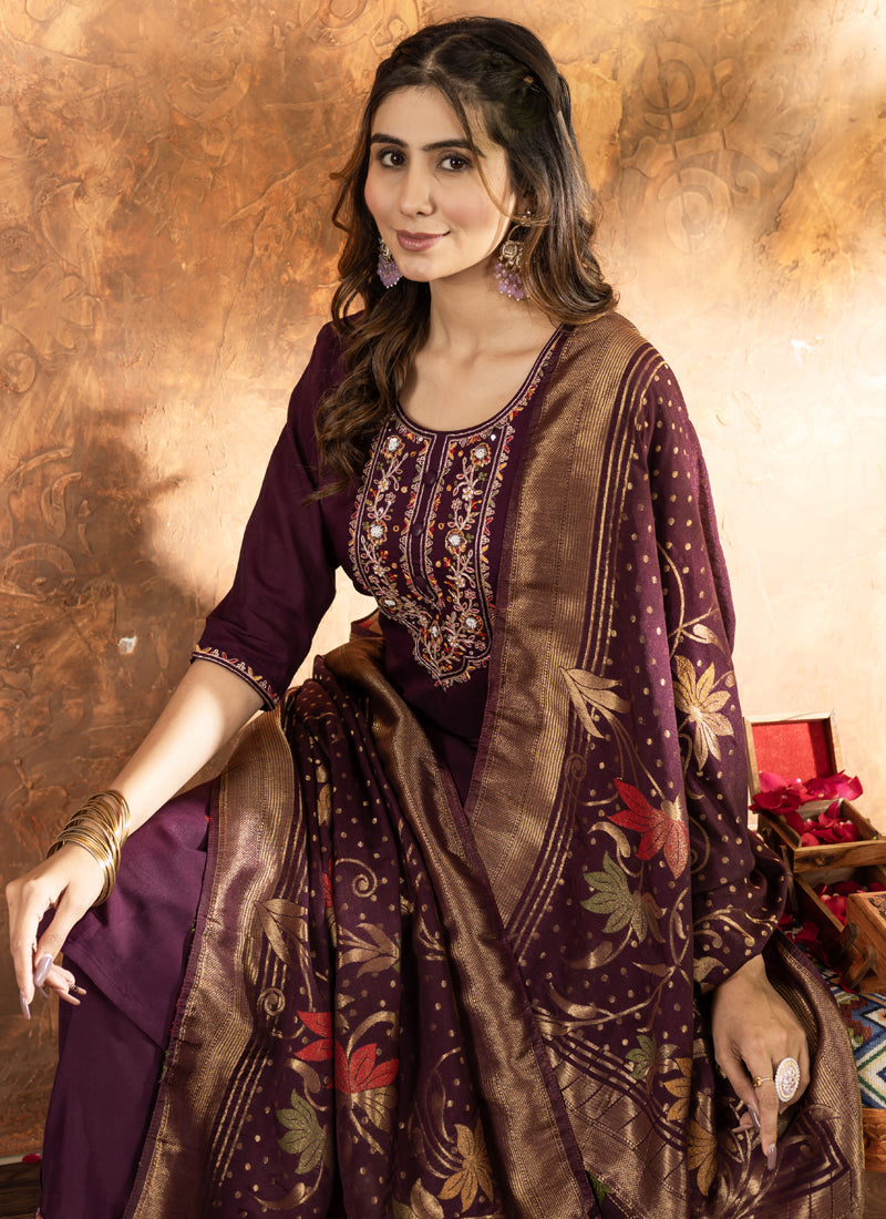 Prazu Fashion Wine Marina Silk Thread Embroidered Kurta Set