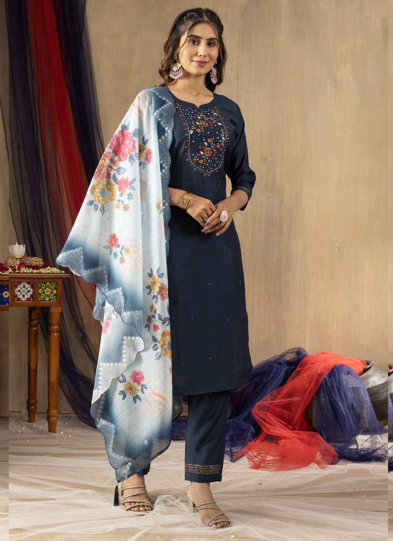Blue Viscose Mango Silk Embroidered Thread Work Kurta Set