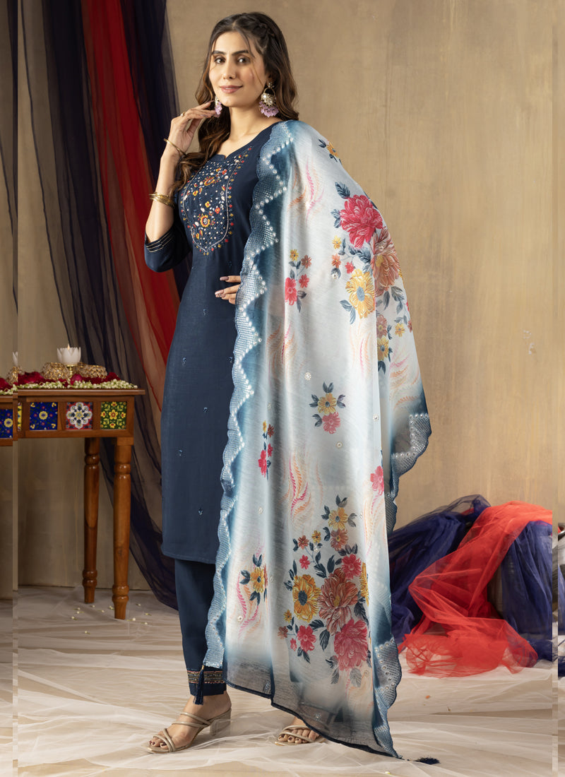 Blue Viscose Mango Silk Embroidered Thread Work Kurta Set