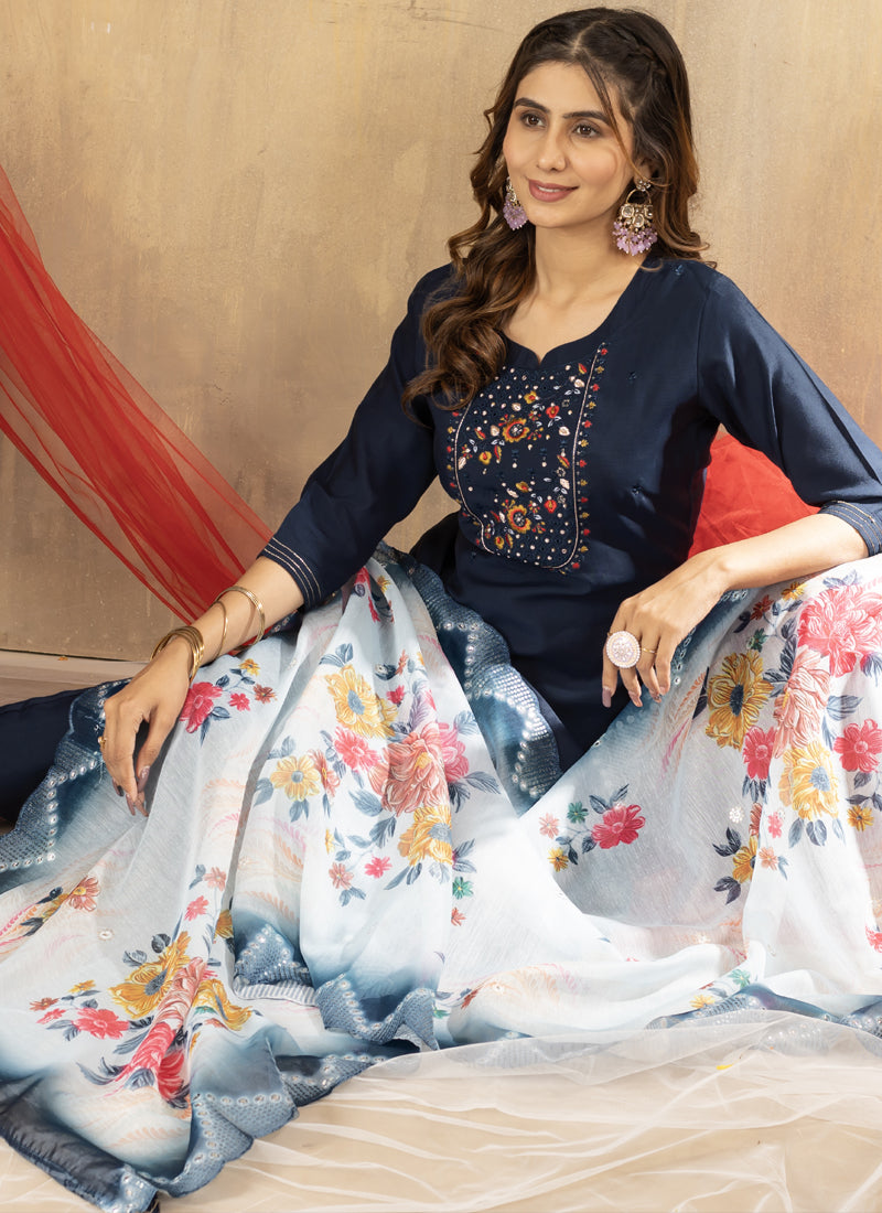 Blue Viscose Mango Silk Embroidered Thread Work Kurta Set