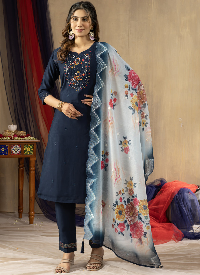 Beautiful Blue Viscose Mango Silk kurta with detailed embroidery work.