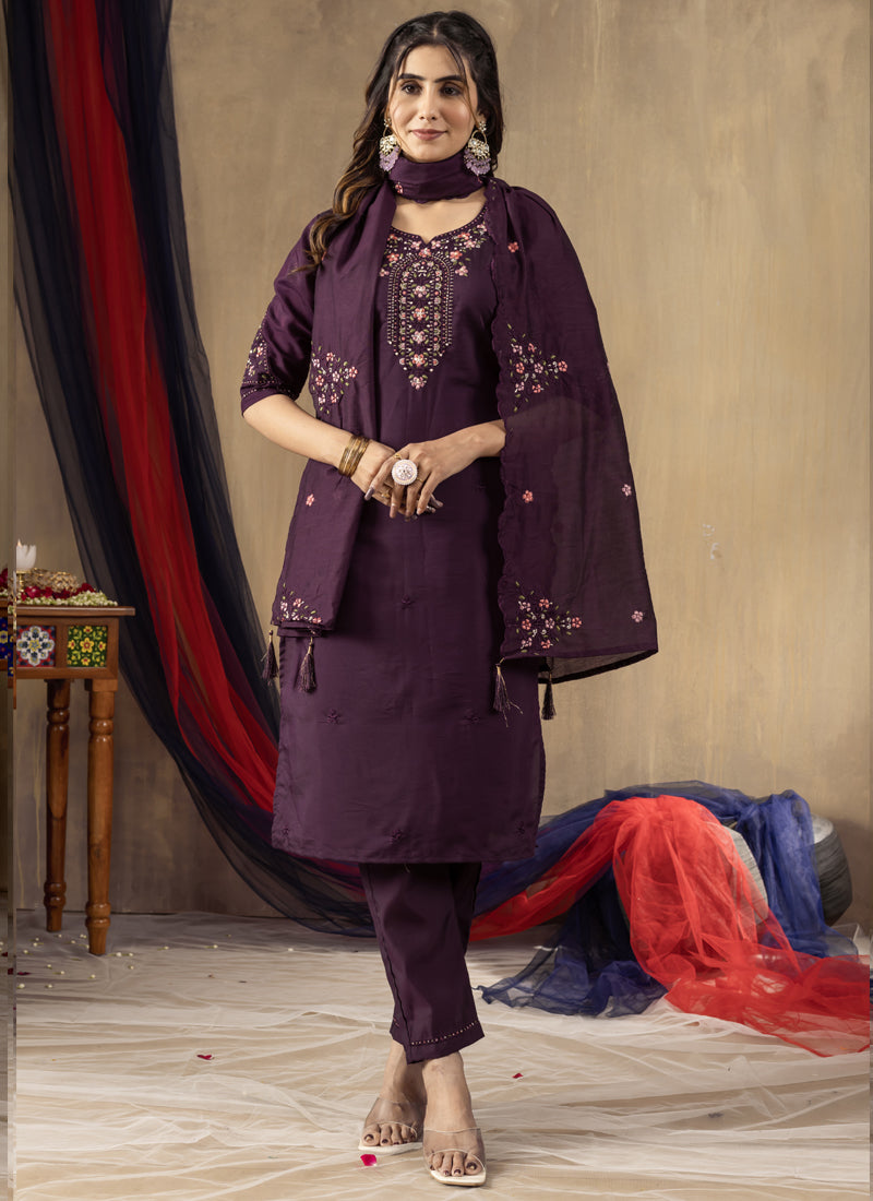Prazu Fashion Wine Roman Silk Thread Embroidered Designer Kurta Set