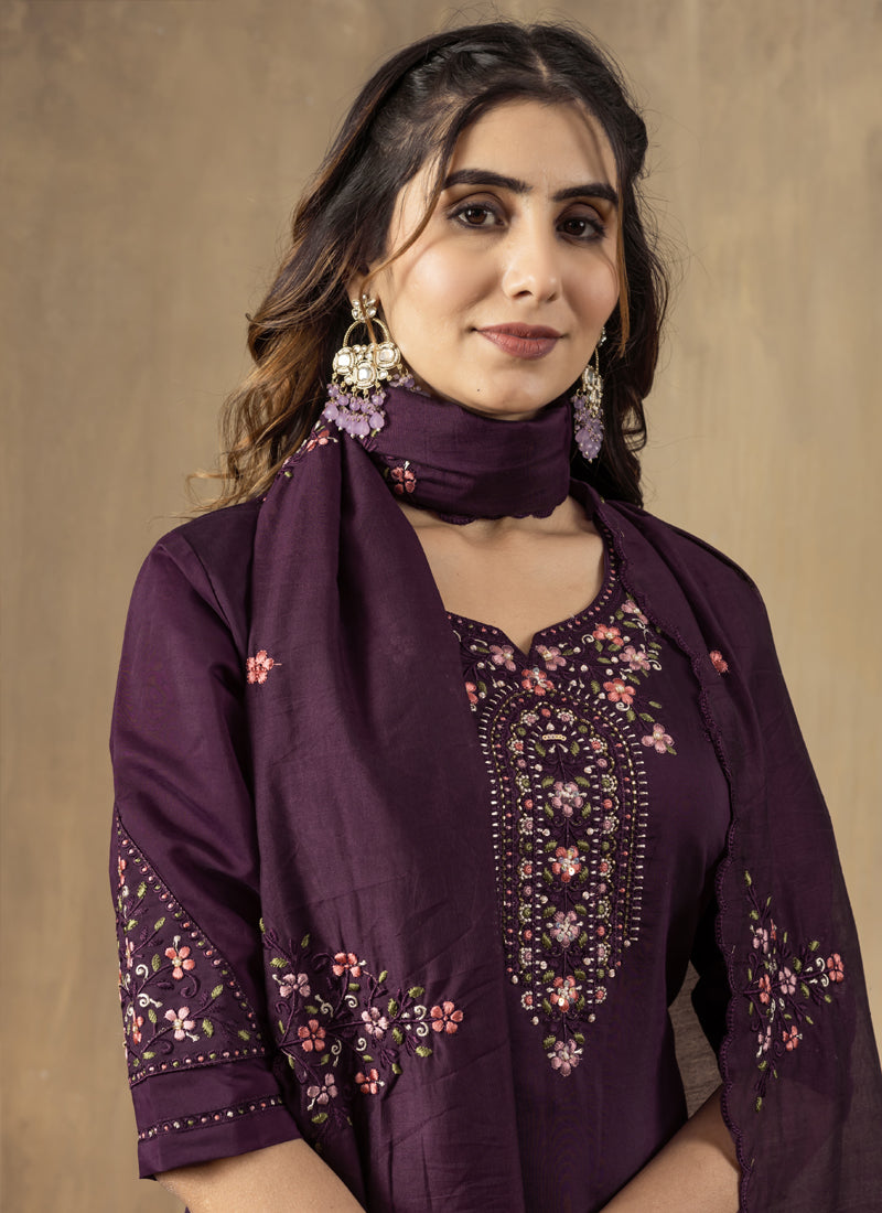 Prazu Fashion Wine Roman Silk Thread Embroidered Designer Kurta Set