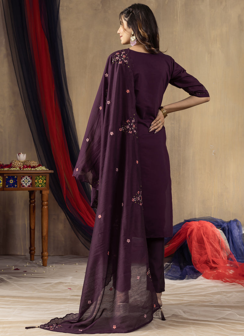 Prazu Fashion Wine Roman Silk Thread Embroidered Designer Kurta Set