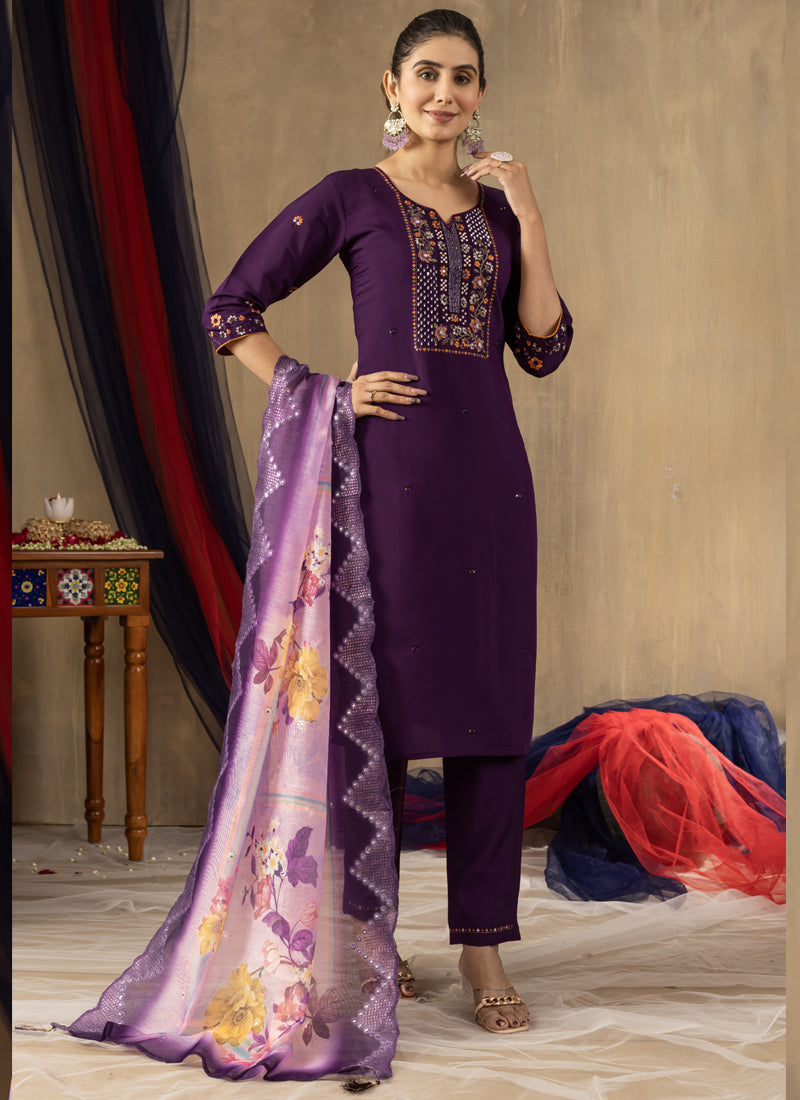 Purple Roman Silk Thread Embroidered Designer Kurta Set