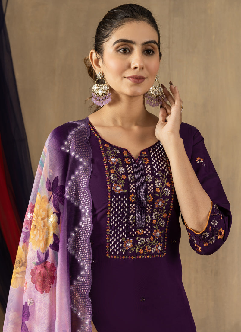 Purple Roman Silk Thread Embroidered Designer Kurta Set