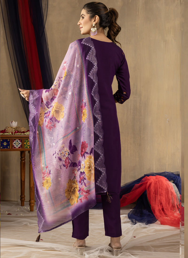 Purple Roman Silk Thread Embroidered Designer Kurta Set