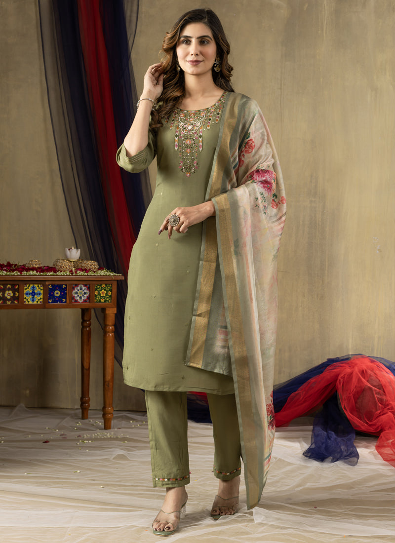 Mehendi Shimmer Gold Silk Thread Embroidered Kurta Set