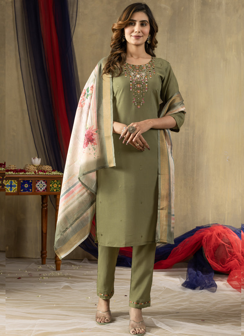 Mehendi Shimmer Gold Silk kurta set with multi-thread hand embroidery