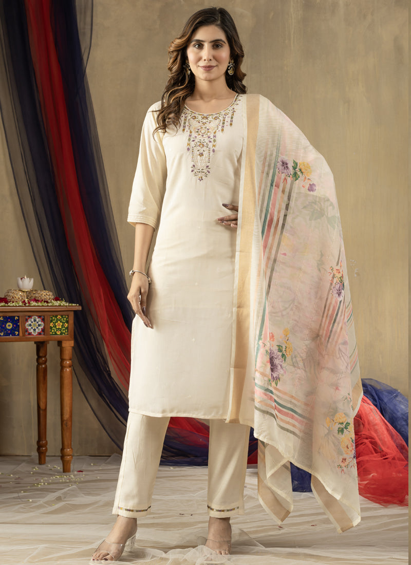 Off White Shimmer Gold Silk Embroidered Designer Kurta Set