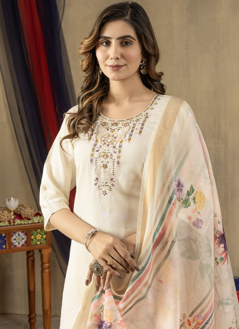Off White Shimmer Gold Silk Embroidered Designer Kurta Set
