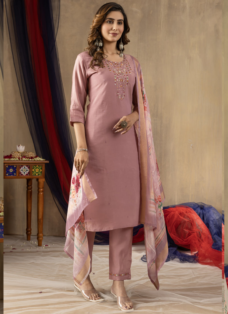 Onion Pink Shimmer Gold Silk Kurta Set with Designer Embroidery