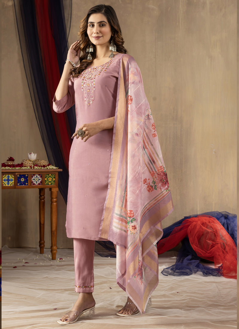 Onion Pink Shimmer Gold Silk kurta set with elegant multi-color thread embroidery