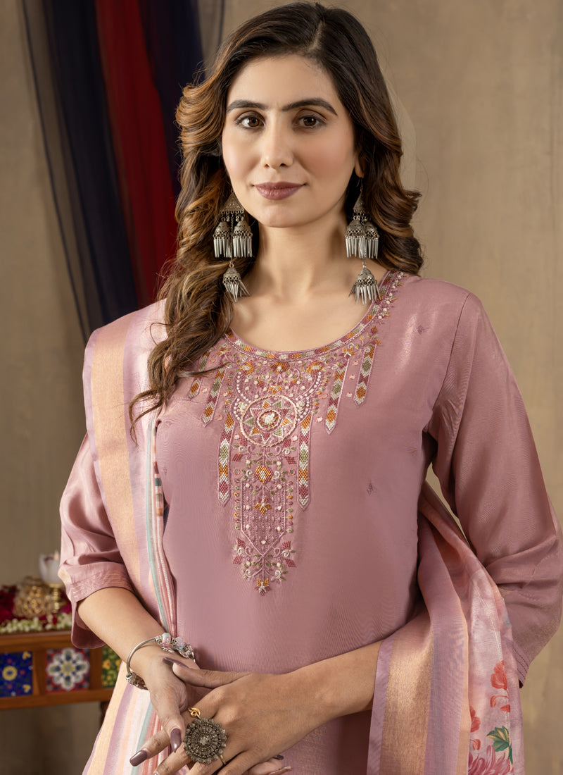 Onion Pink Shimmer Gold Silk Kurta Set with Designer Embroidery