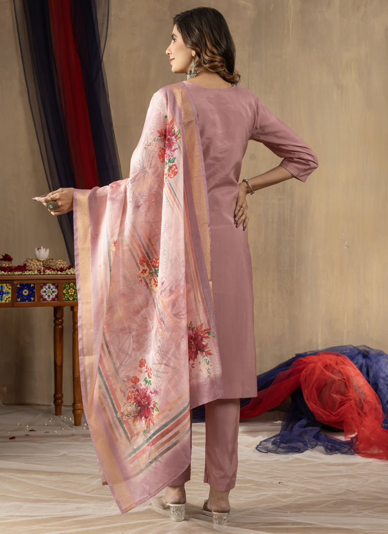 Onion Pink Shimmer Gold Silk Kurta Set with Designer Embroidery