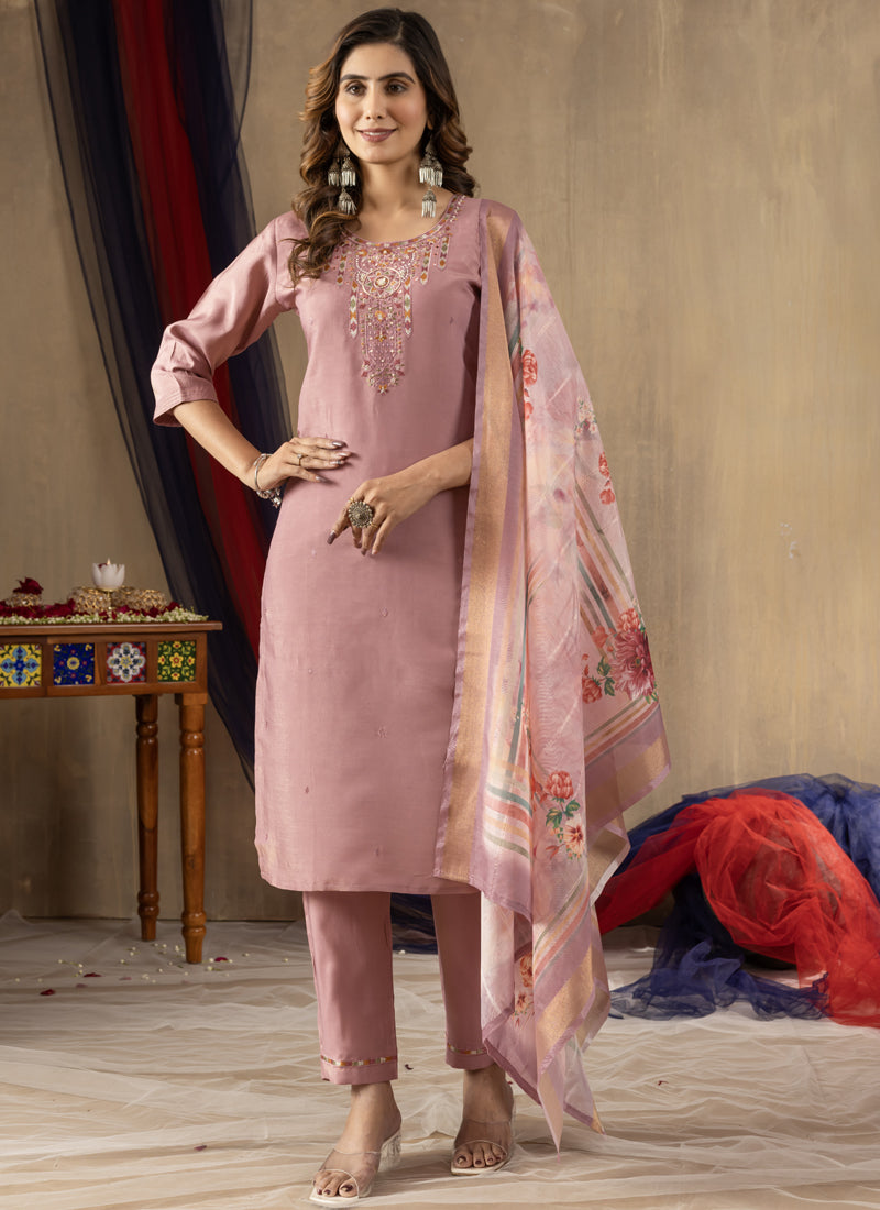 Onion Pink Shimmer Gold Silk Kurta Set with Designer Embroidery