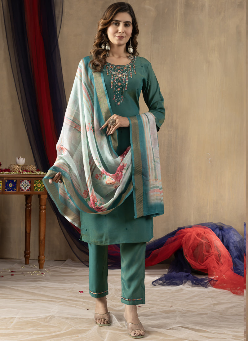 Close-up of the Rama Green Shimmer Silk kurta with gold thread embroidery and hand detailing.