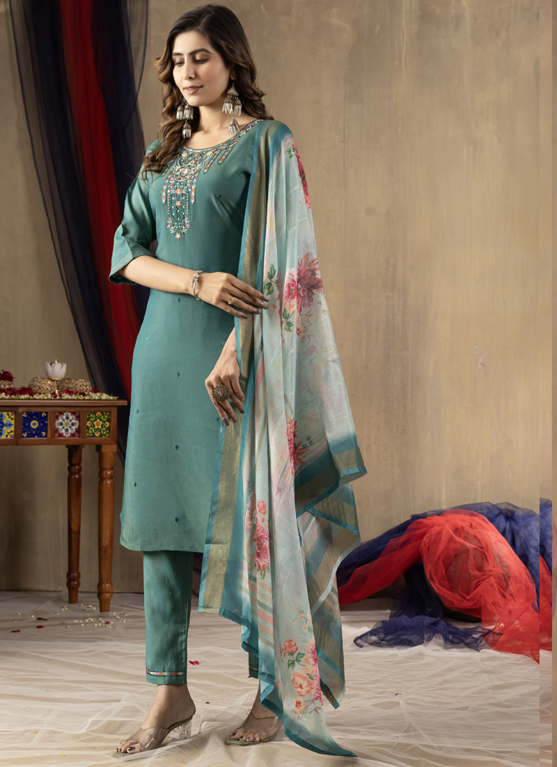 Rama Green Shimmer Silk Kurta Set with Gold Thread Embroidery
