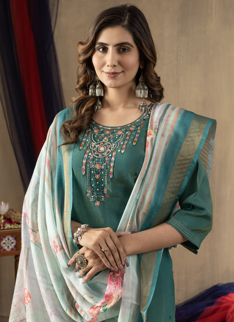 Rama Green Shimmer Silk Kurta Set with Gold Thread Embroidery