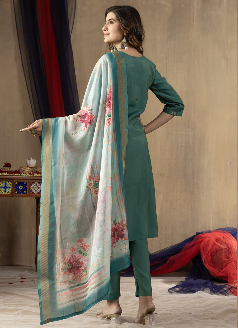 Rama Green Shimmer Silk Kurta Set with Gold Thread Embroidery