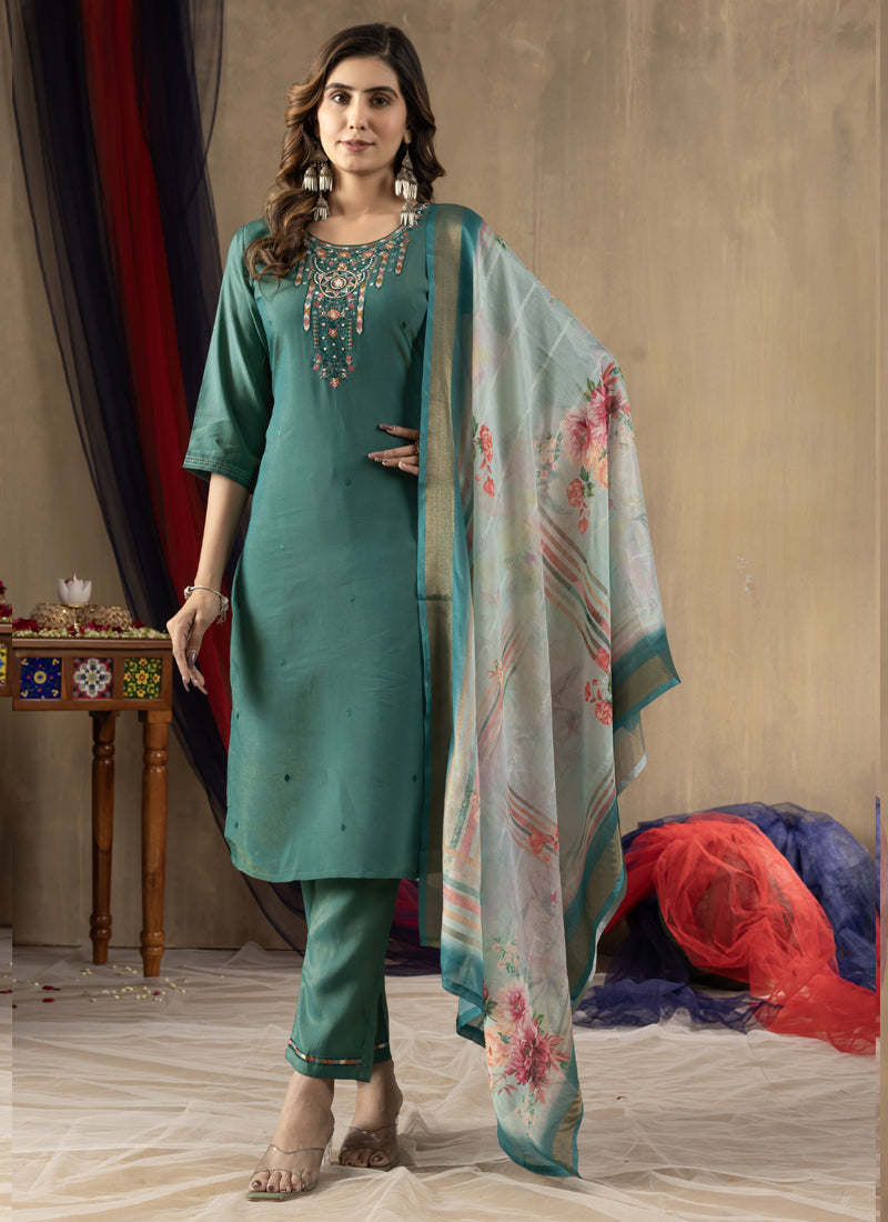 Rama Green Shimmer Silk Kurta Set with Gold Thread Embroidery