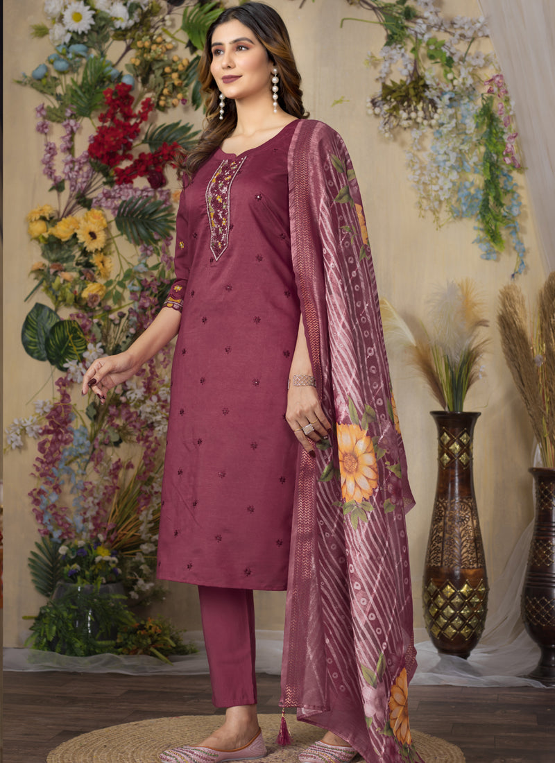 Wine Roman Silk Designer Kurta Set with Thread Embroidery