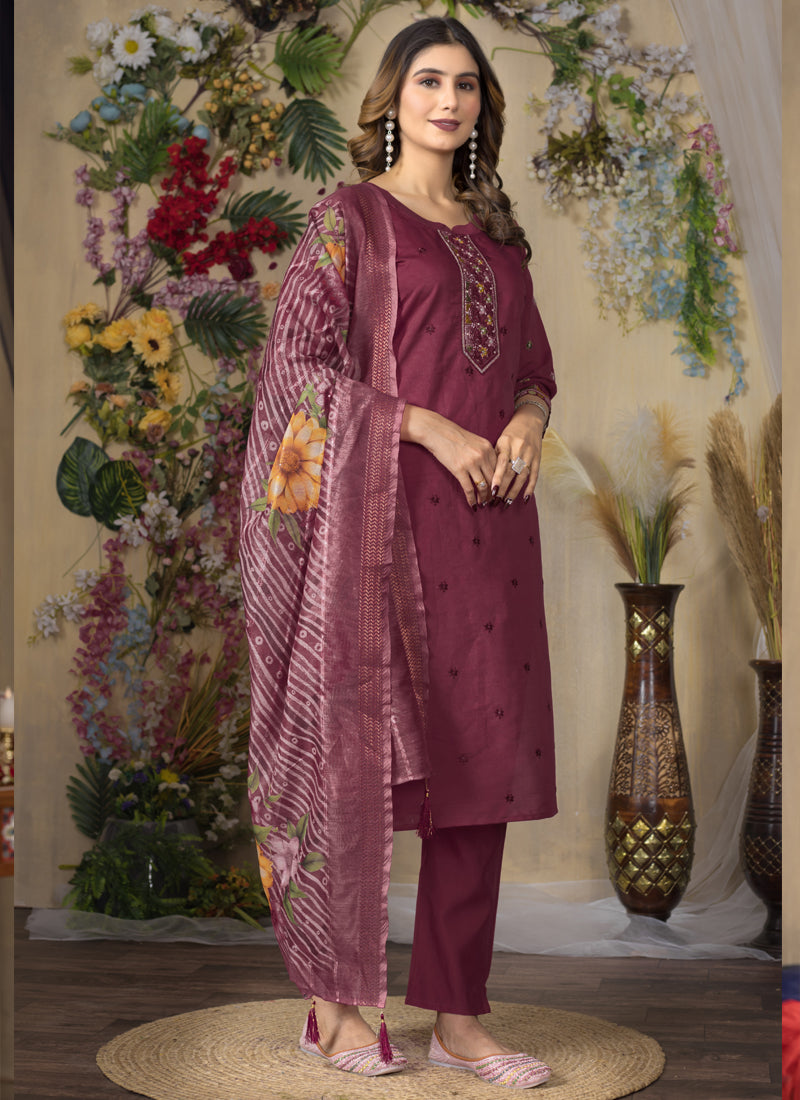 Wine Roman Silk Designer Kurta Set with Thread Embroidery
