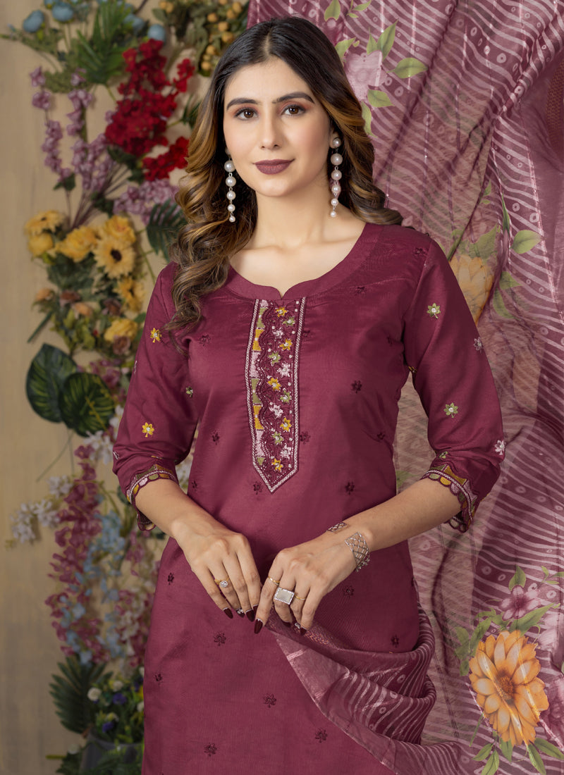 Wine Roman Silk Designer Kurta Set with Thread Embroidery
