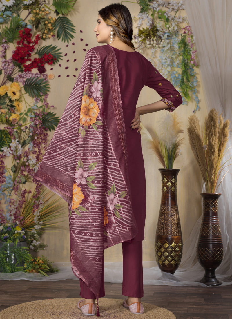 Wine Roman Silk Designer Kurta Set with Thread Embroidery