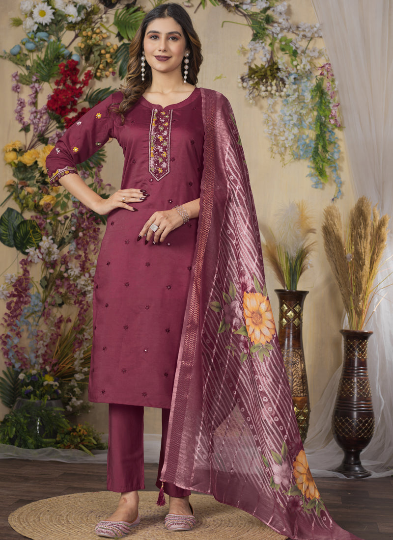 Wine Roman Silk designer kurta featuring delicate multi-thread and hand embroidery